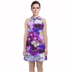 Graphic Background Pansy Easter Velvet Halter Neckline Dress 