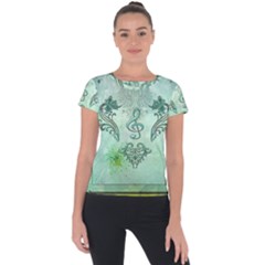 Music, Decorative Clef With Floral Elements Short Sleeve Sports Top  by FantasyWorld7