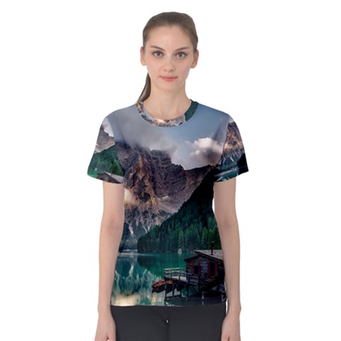 Italy Mountains Pragser Wildsee Women s Sport Mesh Tee by Simbadda