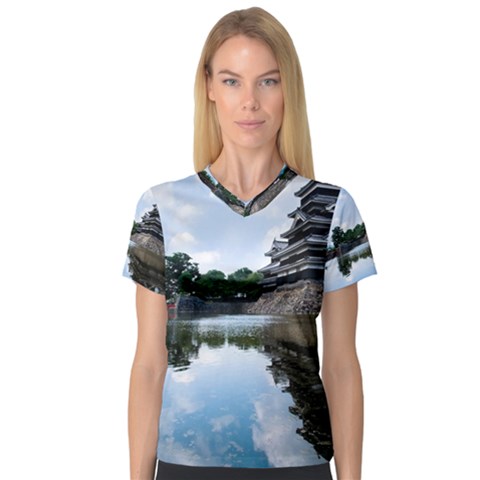 Beautiful Pagoda On Lake Nature Wallpaper V-neck Sport Mesh Tee by Modern2018