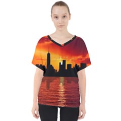 Skyline New York City Sunset Dusk V-neck Dolman Drape Top by Simbadda