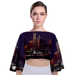 Dallas Texas Skyline Dusk Usa Tie Back Butterfly Sleeve Chiffon Top