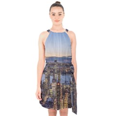 Panoramic City Water Travel Halter Collar Waist Tie Chiffon Dress