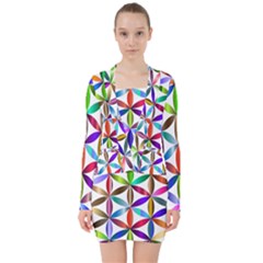 Flower Of Life Sacred Geometry V-neck Bodycon Long Sleeve Dress by Simbadda