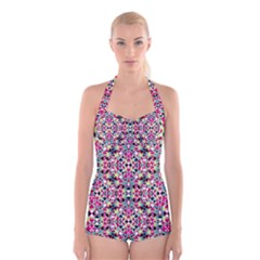 Multicolored Abstract Geometric Pattern Boyleg Halter Swimsuit  by dflcprints