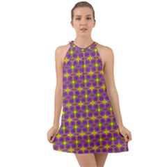 Purple Yellow Swirl Pattern Halter Tie Back Chiffon Dress by BrightVibesDesign