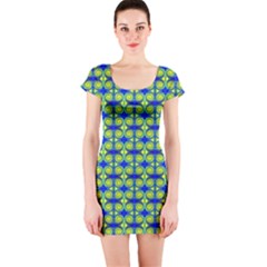 Blue Yellow Green Swirl Pattern Short Sleeve Bodycon Dress by BrightVibesDesign