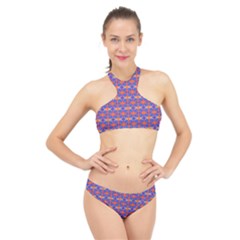 Blue Orange Yellow Swirl Pattern High Neck Bikini Set by BrightVibesDesign