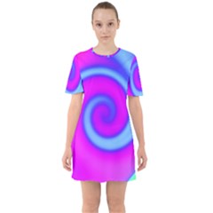Swirl Pink Turquoise Abstract Sixties Short Sleeve Mini Dress by BrightVibesDesign