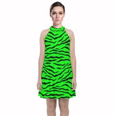 Bright Neon Green And Black Tiger Stripes  Velvet Halter Neckline Dress  by PodArtist