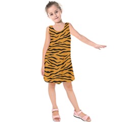 Orange And Black Tiger Stripes Kids  Sleeveless Dress by PodArtist