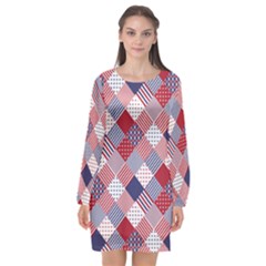 Usa Americana Diagonal Red White & Blue Quilt Long Sleeve Chiffon Shift Dress  by PodArtist