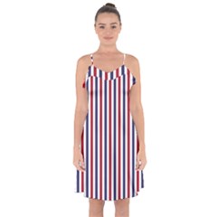 Usa Flag Red White And Flag Blue Wide Stripes Ruffle Detail Chiffon Dress by PodArtist