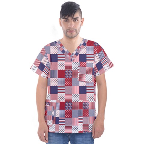 Usa Americana Patchwork Red White & Blue Quilt Men s V-neck Scrub Top by PodArtist