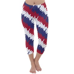 Ny Usa Candy Cane Skyline In Red White & Blue Capri Winter Leggings  by PodArtist