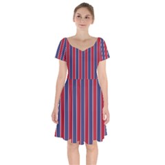Large Red White And Blue Usa Memorial Day Holiday Pinstripe Short Sleeve Bardot Dress by PodArtist
