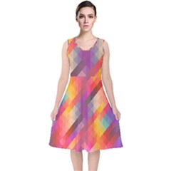Abstract Background Colorful Pattern V-neck Midi Sleeveless Dress 