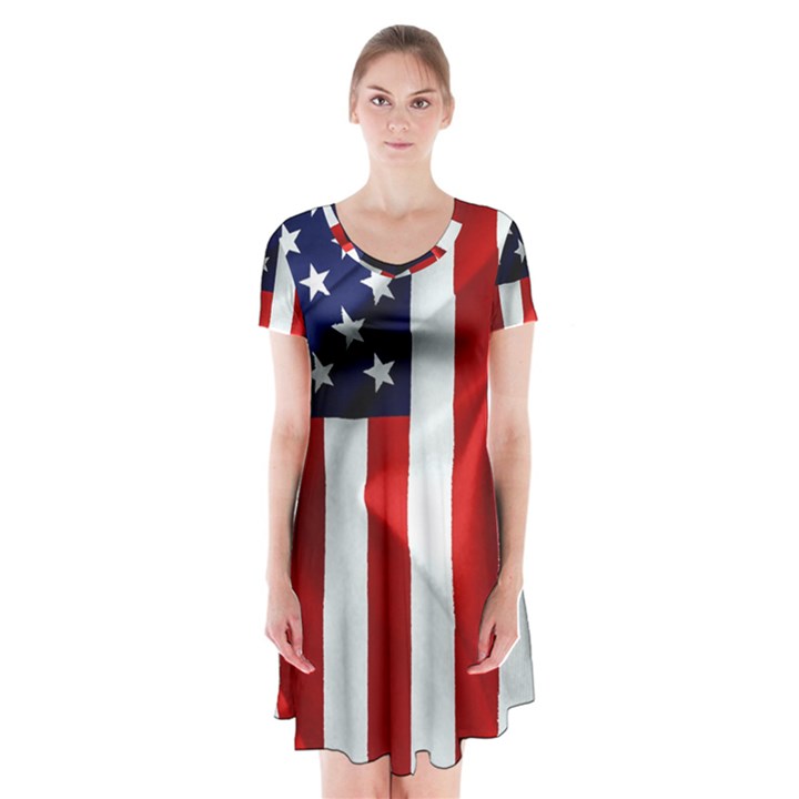 American Usa Flag Vertical Short Sleeve V-neck Flare Dress
