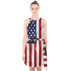 American Usa Flag Vertical Halter Collar Waist Tie Chiffon Dress by FunnyCow