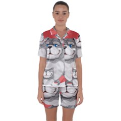 Bulldog Dog Animal Pet Heart Fur Satin Short Sleeve Pyjamas Set by Sapixe