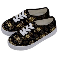 Golden Flowers On Black With Tiny Gold Dragons Created By Kiekie Strickland Kids  Classic Low Top Sneakers by flipstylezfashionsLLC
