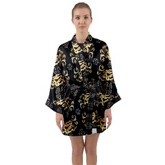 Golden Flowers On Black With Tiny Gold Dragons Created By Kiekie Strickland Long Sleeve Kimono Robe by flipstylezfashionsLLC