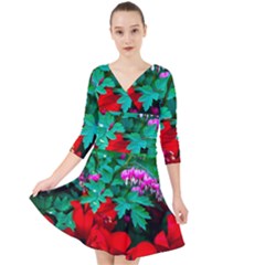 Bleeding Heart Flowers Quarter Sleeve Front Wrap Dress by FunnyCow