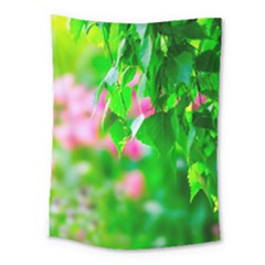 Green Birch Leaves, Pink Flowers Medium Tapestry by FunnyCow