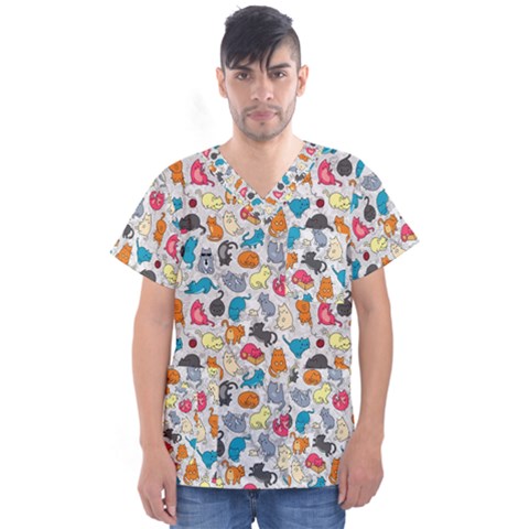 Funny Cute Colorful Cats Pattern Men s V-neck Scrub Top by EDDArt