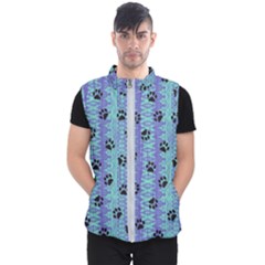 Footprints Cat Black On Batik Pattern Teal Violet Men s Puffer Vest by EDDArt