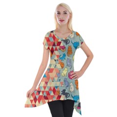 Hipster Triangles And Funny Cats Cut Pattern Short Sleeve Side Drop Tunic by EDDArt