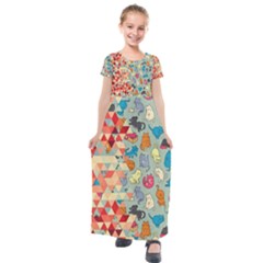 Hipster Triangles And Funny Cats Cut Pattern Kids  Short Sleeve Maxi Dress by EDDArt