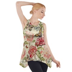 Watercolor Vintage Flowers Butterflies Lace 1 Side Drop Tank Tunic by EDDArt