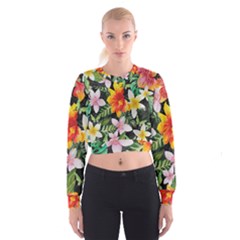 Tropical Flowers Butterflies 1 Cropped Sweatshirt by EDDArt