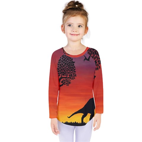 Sunset Dinosaur Scene Kids  Long Sleeve Tee by IIPhotographyAndDesigns