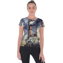 Cute Little Fairy With Kitten On A Swing Short Sleeve Sports Top  by FantasyWorld7