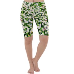 Green Field Of White Daisy Flowers Cropped Leggings  by FunnyCow