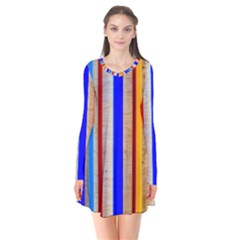 Colorful Wood And Metal Pattern Long Sleeve V-neck Flare Dress by FunnyCow