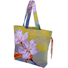 Sakura Flowers On Yellow Drawstring Tote Bag by FunnyCow