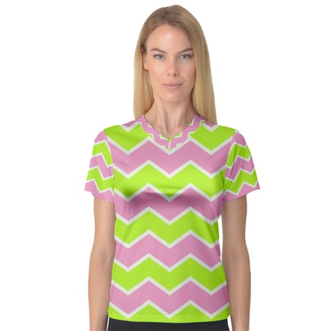 Zigzag Chevron Pattern Green Pink V-neck Sport Mesh Tee by snowwhitegirl