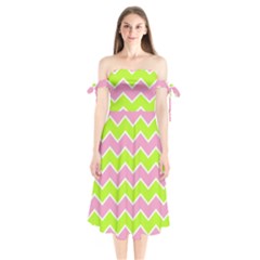 Zigzag Chevron Pattern Green Pink Shoulder Tie Bardot Midi Dress by snowwhitegirl