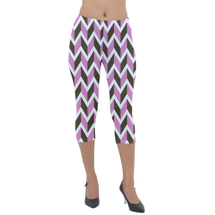 Zigzag Chevron Pattern Pink Brown Lightweight Velour Capri Leggings 