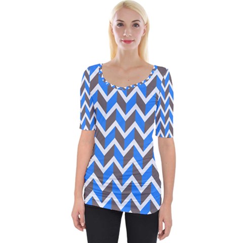 Zigzag Chevron Pattern Blue Grey Wide Neckline Tee by snowwhitegirl