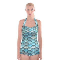 Aqua Mermaid Scale Boyleg Halter Swimsuit  by snowwhitegirl