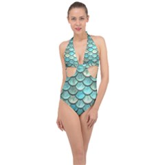 Aqua Mermaid Scale Halter Front Plunge Swimsuit by snowwhitegirl