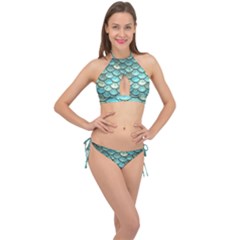 Aqua Mermaid Scale Cross Front Halter Bikini Set by snowwhitegirl