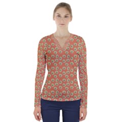 Antique Flowers Peach V-neck Long Sleeve Top by snowwhitegirl