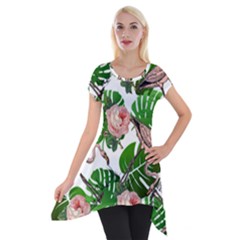 Flamingo Floral White Short Sleeve Side Drop Tunic by snowwhitegirl