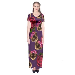 Lazy Cat Floral Pattern Purple Short Sleeve Maxi Dress by snowwhitegirl