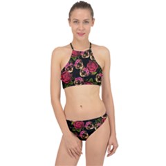 Lazy Cat Floral Pattern Black Racer Front Bikini Set by snowwhitegirl